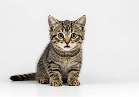 Cute tabby kitten sitting on white background. Studio shot.の素材