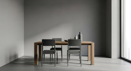 Interior of modern dining room with gray walls, concrete floor, wooden table with chairs and window with blurry cityscape. 3d renderingの素材