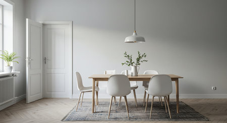 Dining room interior with white walls, a wooden floor and a round table. 3d rendering mock upの素材