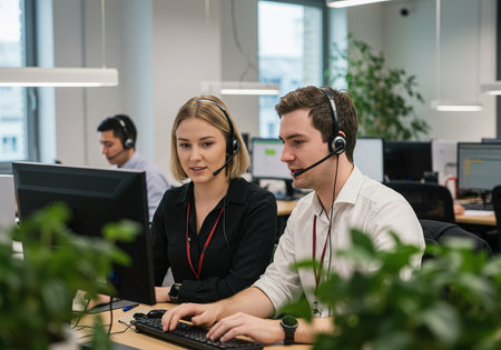 Young business people working in a call center office. They are wearing headset and smilingの素材