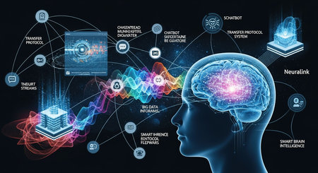 Digital composite of brain interface against blue background with graphs and data iconsの素材