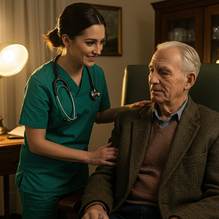 Doctor and senior patient. Doctor and senior patient are talking and smiling.の素材