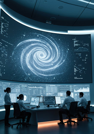 Team of business people using computers in modern office with glowing network interfaceの素材