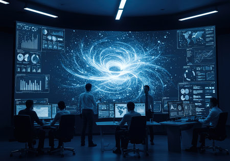 Group of business people working together in modern office with big data hologramの素材