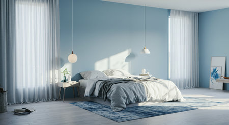 3d rendering blue bedroom in scandinavian style with bedの素材