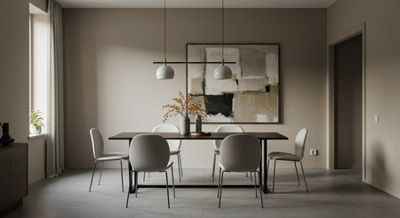 Interior of modern dining room with gray walls, concrete floor, round wooden table with white chairs and plant in vase. 3d renderingの素材
