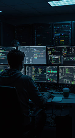 Software developer working in server room. Programmer sitting in front of computer monitors.の素材