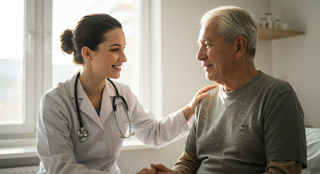 Smiling doctor and senior patient discussing something while sitting in bed at homeの素材