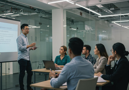 Group of business people discussing the charts and graphs showing the results of their successful teamworkの素材