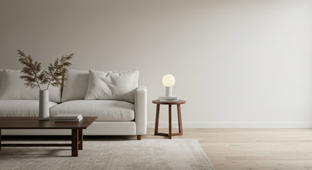 Living room interior with white sofa, coffee table and lamp. 3d renderingの素材