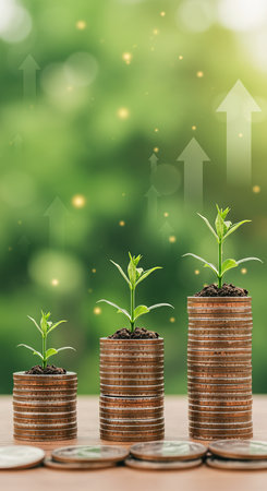 Money coin stack growing graph with green bokeh background, business growth conceptの素材
