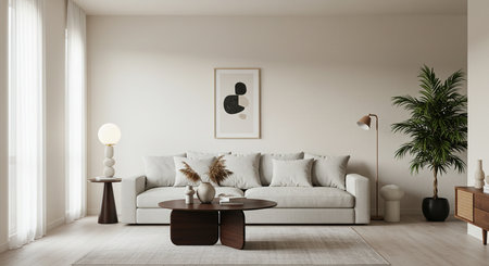 Interior of modern living room with white sofa and coffee table. 3d renderの素材