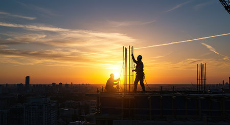 Silhouette of workers on a construction site at sunset background.の素材