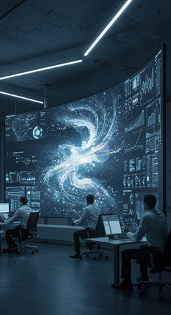 Business people working together in modern office with abstract glowing charts and graphsの素材