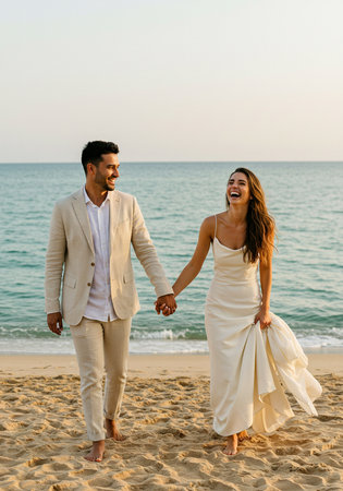 Happy couple holding hands and walking on the beach. They are laughing and looking at each other.の素材