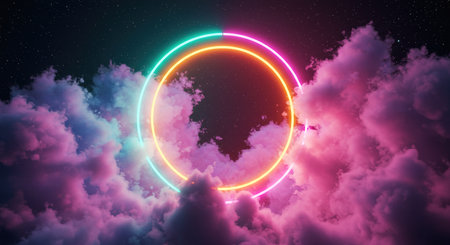 Neon circle in the night sky with clouds. 3d renderingの素材