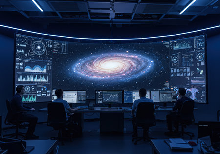 Silhouettes of business people working in modern office with holographic planetの素材