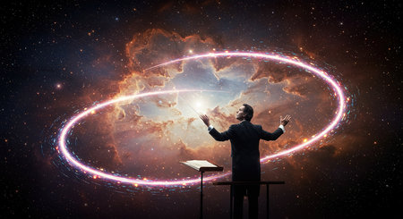 Young businessman sitting on chair and looking at spiral of light. Mixed mediaの素材