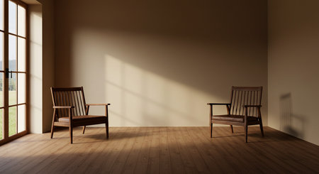 interior with two wooden armchairs and window, 3d renderの素材