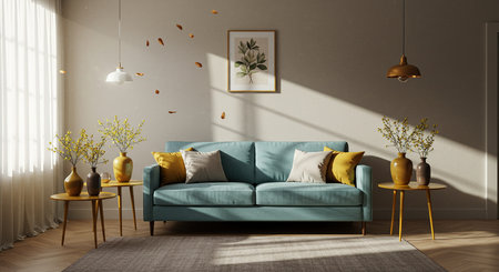 interior with blue sofa, coffee table and yellow flowers, 3d renderの素材