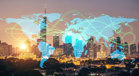 Hologram of social network icons over sunset panoramic cityscape of Kuala Lumpur, Malaysia, Asia. Concept of international people connections. Double exposure.の素材