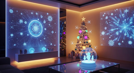 3d render of modern interior with christmas tree and glowing lightsの素材