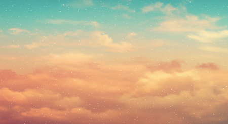 Colorful sky background with clouds and snowflakes, 3d illustrationの素材