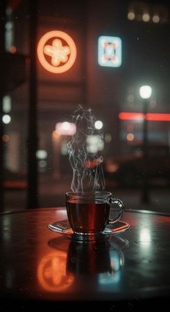 Cup of hot tea on a table in a cafe at nightの素材