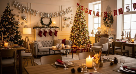 Christmas living room with Christmas tree, fireplace, armchair and candlesの素材