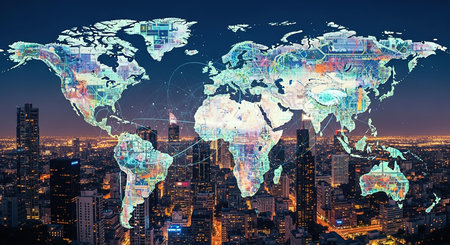 Global business network concept with world map and skyscrapers at nightの素材