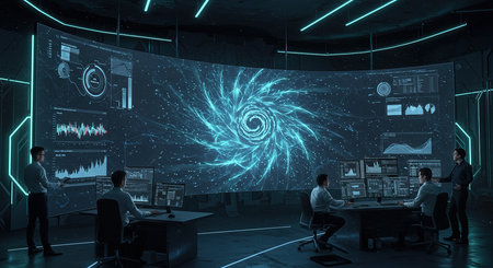 Silhouettes of business people working in modern coworking office interior with big blue globe hologram. 3D renderingの素材