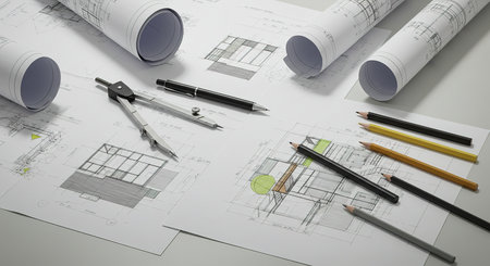 Architectural blueprints with drawing tools and rolls of drawings.の素材