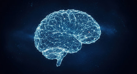 Abstract polygonal brain on dark blue background. Artificial intelligence concept. 3D Renderingの素材