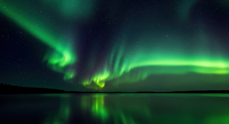 Aurora borealis, northern lights over the lake in northern Finlandの素材