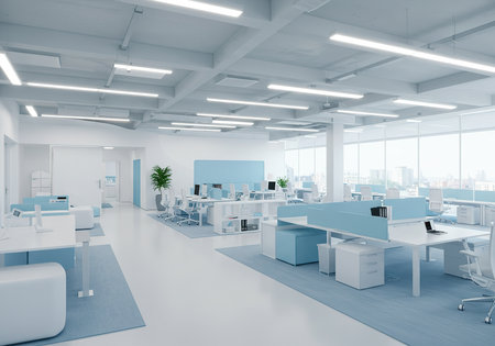 Interior of modern office with white walls, blue floor, rows of white computer tables with blue chairs and bookcases. 3d rendering mock upの素材