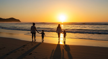 Silhouette of mother and two children walking on the beach at sunsetの素材