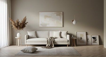 Modern living room interior with white sofa, coffee table and posters. 3d renderの素材