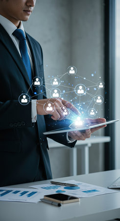 Businessman using tablet computer with social network structure in modern office.の素材