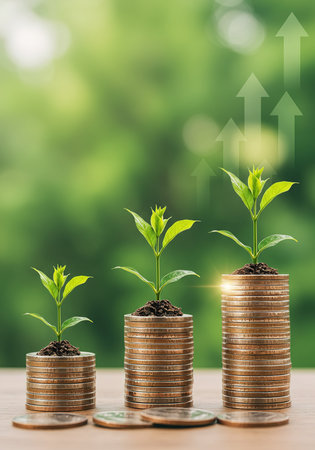 Investment concept, Coins graph stock market and green bokeh backgroundの素材