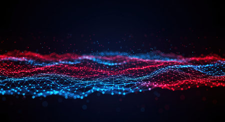 3d rendering abstract digital wave with particles. Network connection structure.の素材