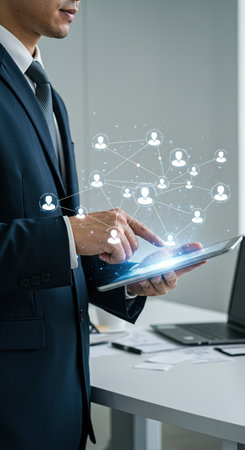 Businessman using tablet in modern office with social connection and networking conceptの素材