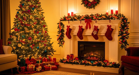 Beautiful Christmas tree with presents and fireplace in living room at homeの素材