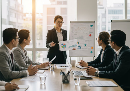 Group of business people working and communicating together in a meeting room.の素材