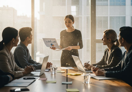Group of business people working and communicating together in modern office. Diverse group of people sitting at table and working together.の素材