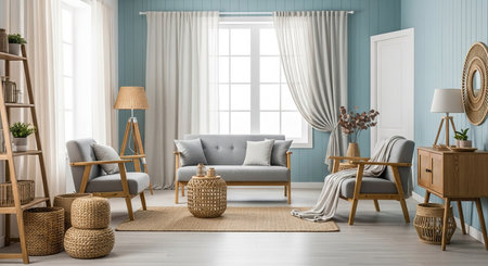 Interior of living room with blue walls and wooden floor, 3d renderの素材