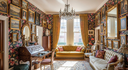 Luxury living room interior with classic furniture and paintings. Nobody insideの素材