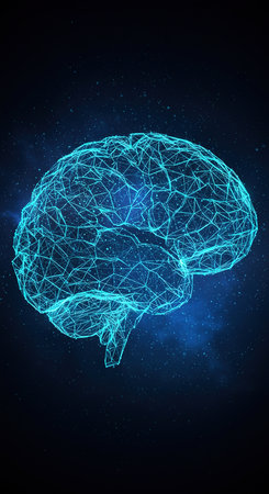 3D wireframe human brain on blue background. Artificial intelligence conceptの素材