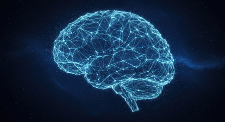 3D illustration of abstract polygonal human brain on dark blue backgroundの素材