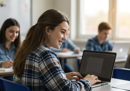 Side view of young female student using laptop while sitting at desk in classroomの素材