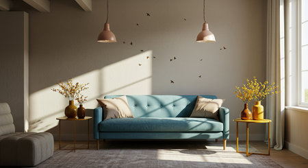 interior with blue sofa, 3d render illustration mock-upの素材
